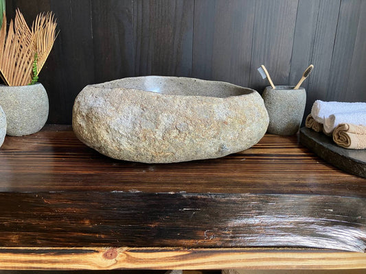 Brown and beige natural river stone vessel sink RSS-040