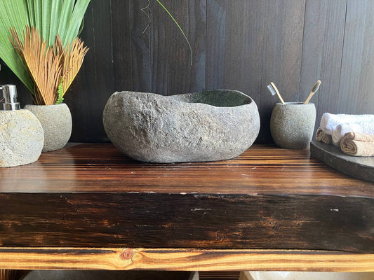 Premium dark-gray natural river stone vessel sink RSS-041