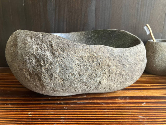Front view of compact graphite river stone sink RSS-041