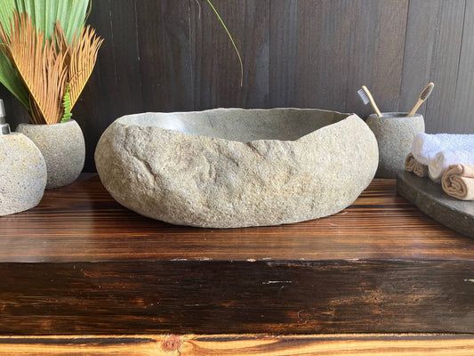 Light gray-beige natural river stone vessel sink RSS-042