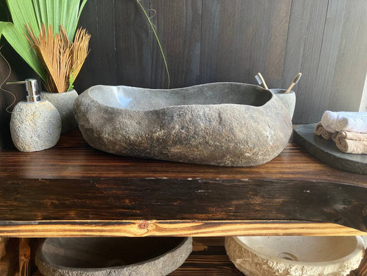 Premium black-brown natural river stone vessel sink RSS-044