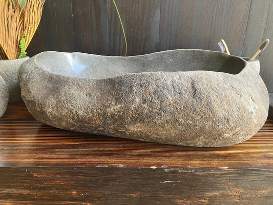 Front view of large dark river stone sink RSS-044