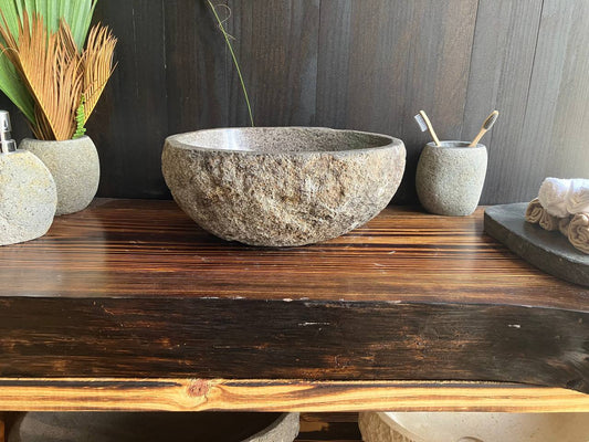 Small beige-brown natural river stone vessel sink RSS-045