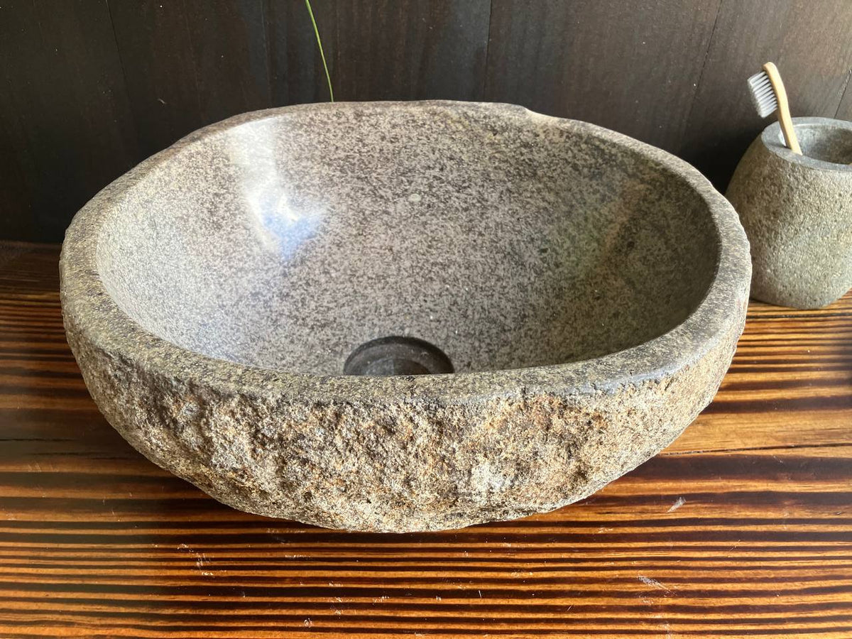 Side view of compact natural stone vessel sink RSS-045