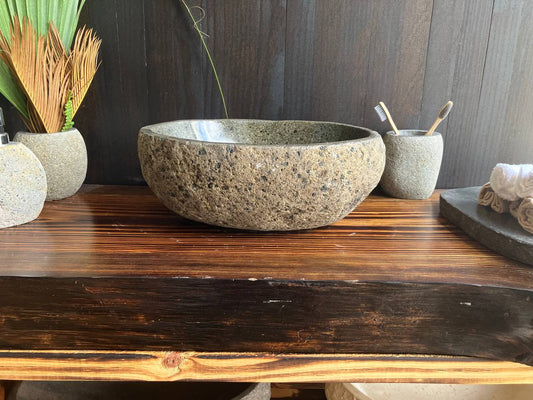 Brown natural river stone vessel sink RSS-046