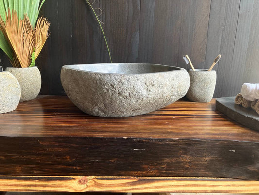 Gray natural river stone vessel sink RSS-047