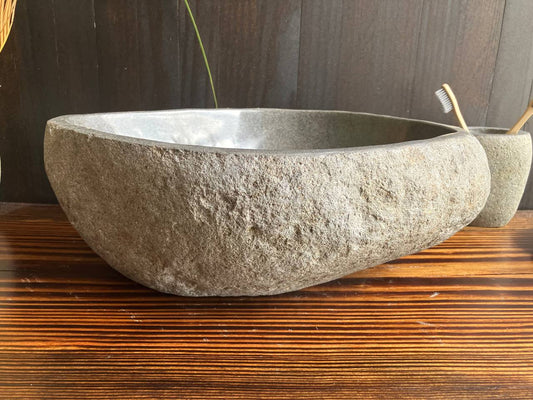 Front view of compact gray river stone sink RSS-047