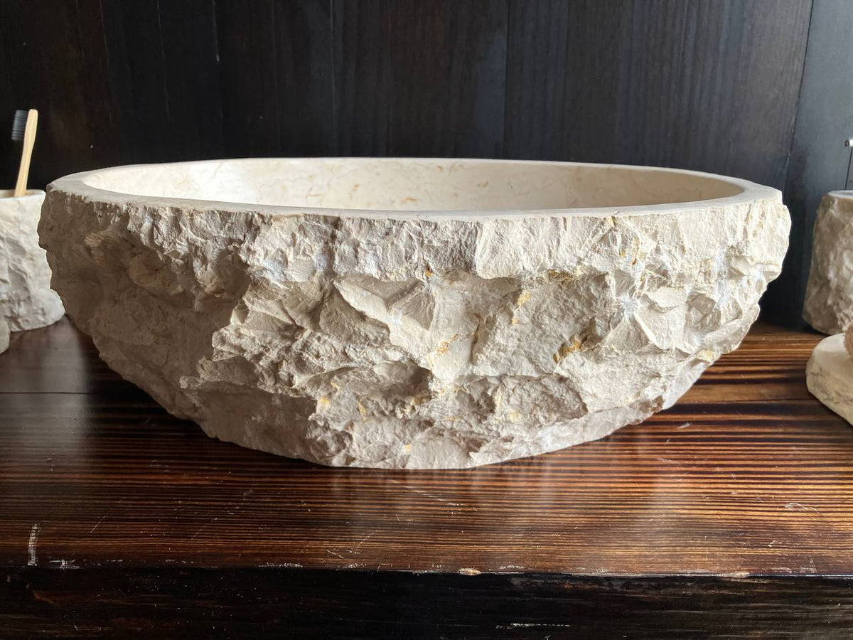 Light beige marble vessel sink MSS002 angled view