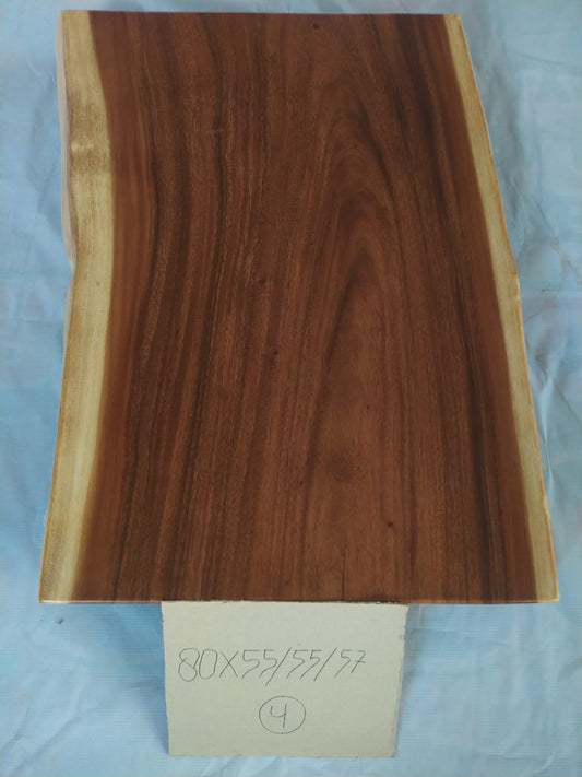 Top view of suar wood slab 0004-555557 with live edge shape and rich brown natural wood grain, solid single-piece countertop.
