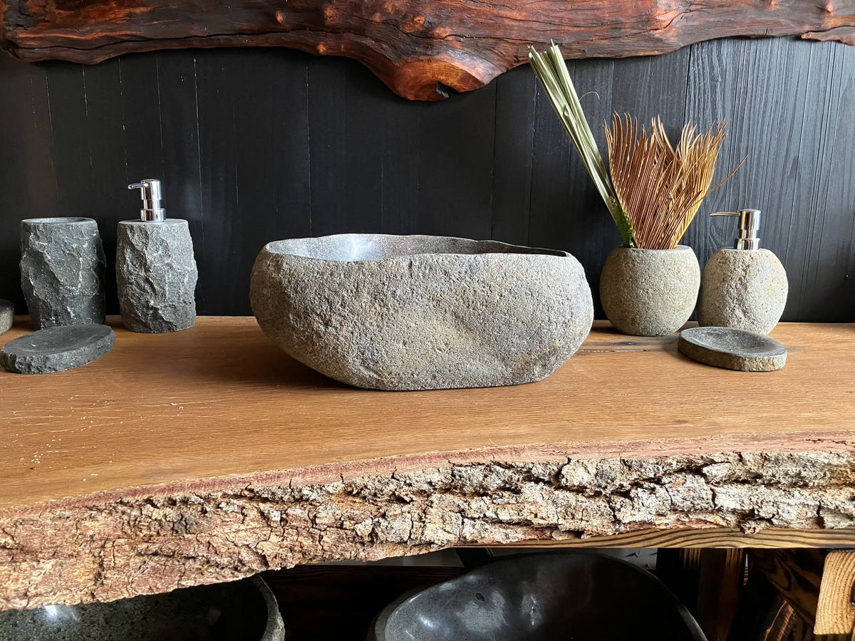 Dark gray natural river stone vessel sink RSS-050 – front view
