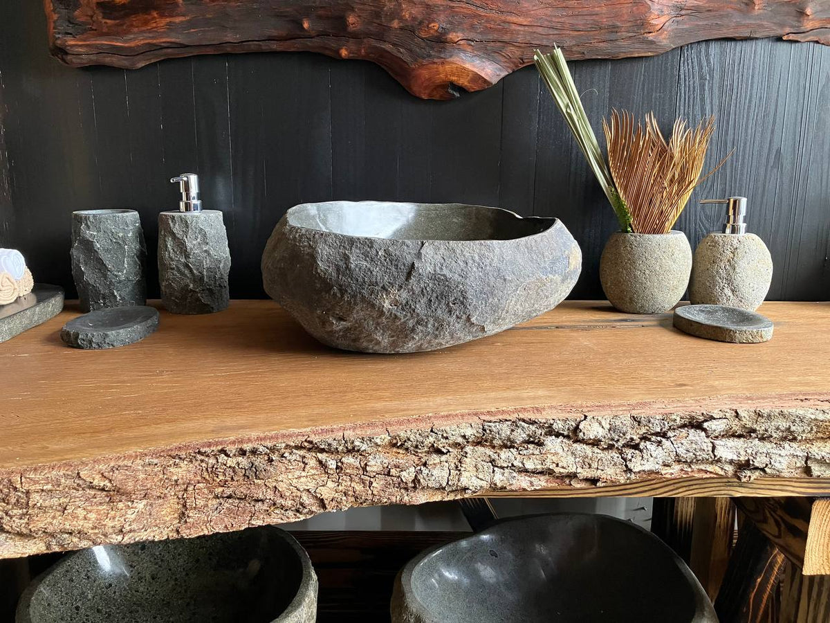 Premium dark gray river stone vessel sink RSS-051 – front view
