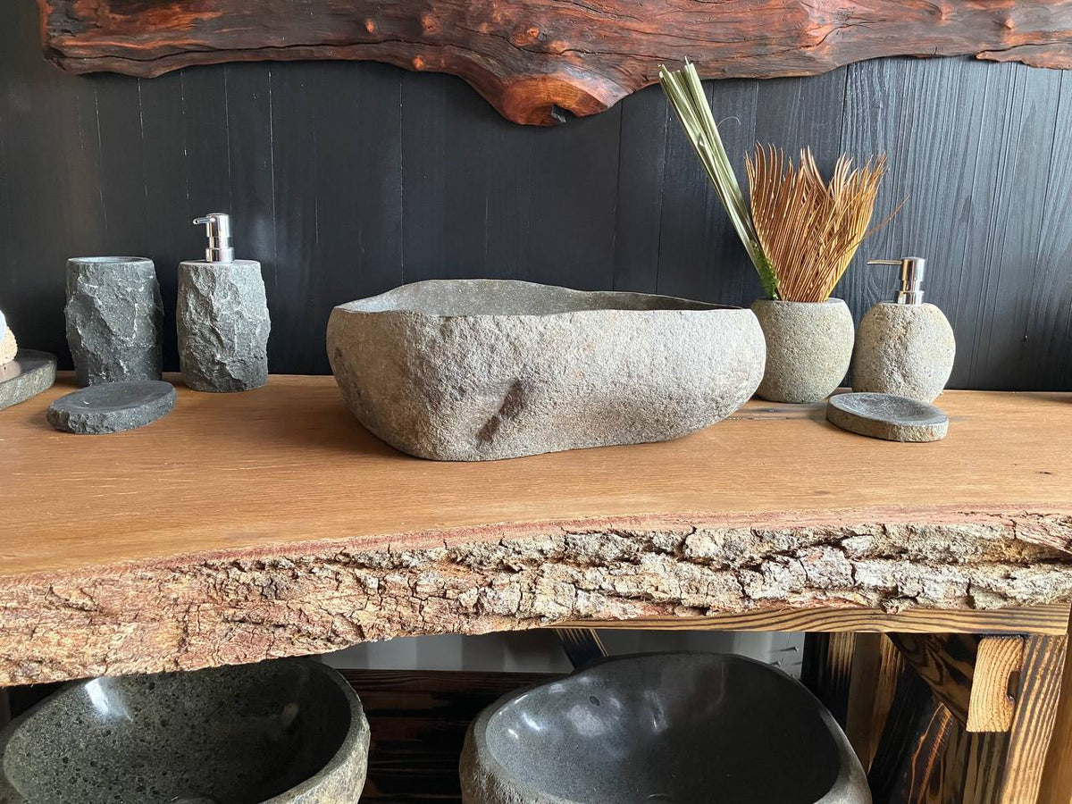 Elongated dark gray river stone vessel sink RSS-052 – front view
