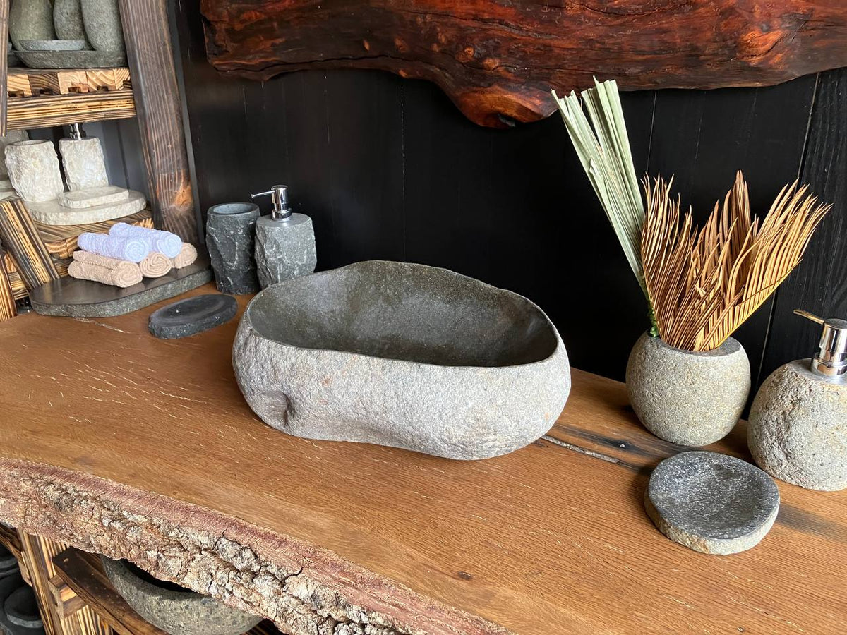 Elongated Dark Gray River Stone Vessel Sink – RSS-052