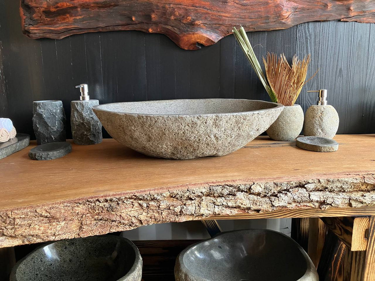 Large elongated light gray river stone vessel sink with fine mineral speckling – RSS-059