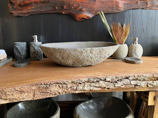 Large elongated light gray river stone vessel sink with fine mineral speckling – RSS-059