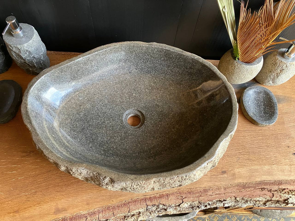 RSS-060 handcrafted riverstone bathroom vessel sink with polished interior and natural exterior