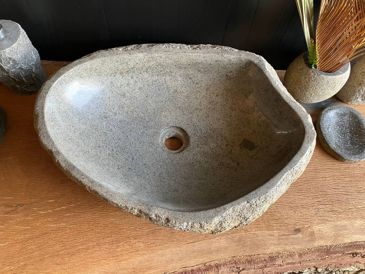 RSS-061 natural river stone bathroom vessel sink with light polished basin and textured exterior