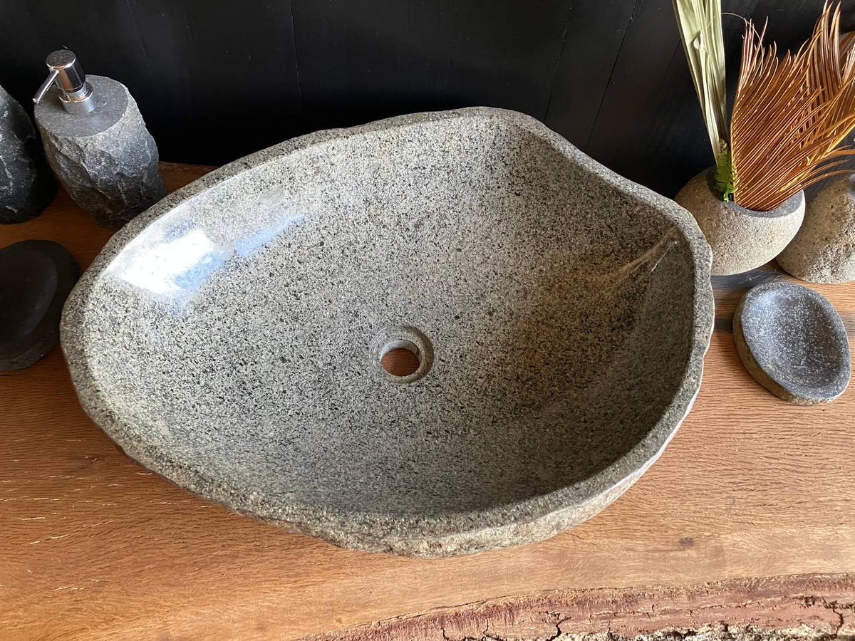 RSS-062 natural river stone sink with light speckled polished basin and rugged textured exterior