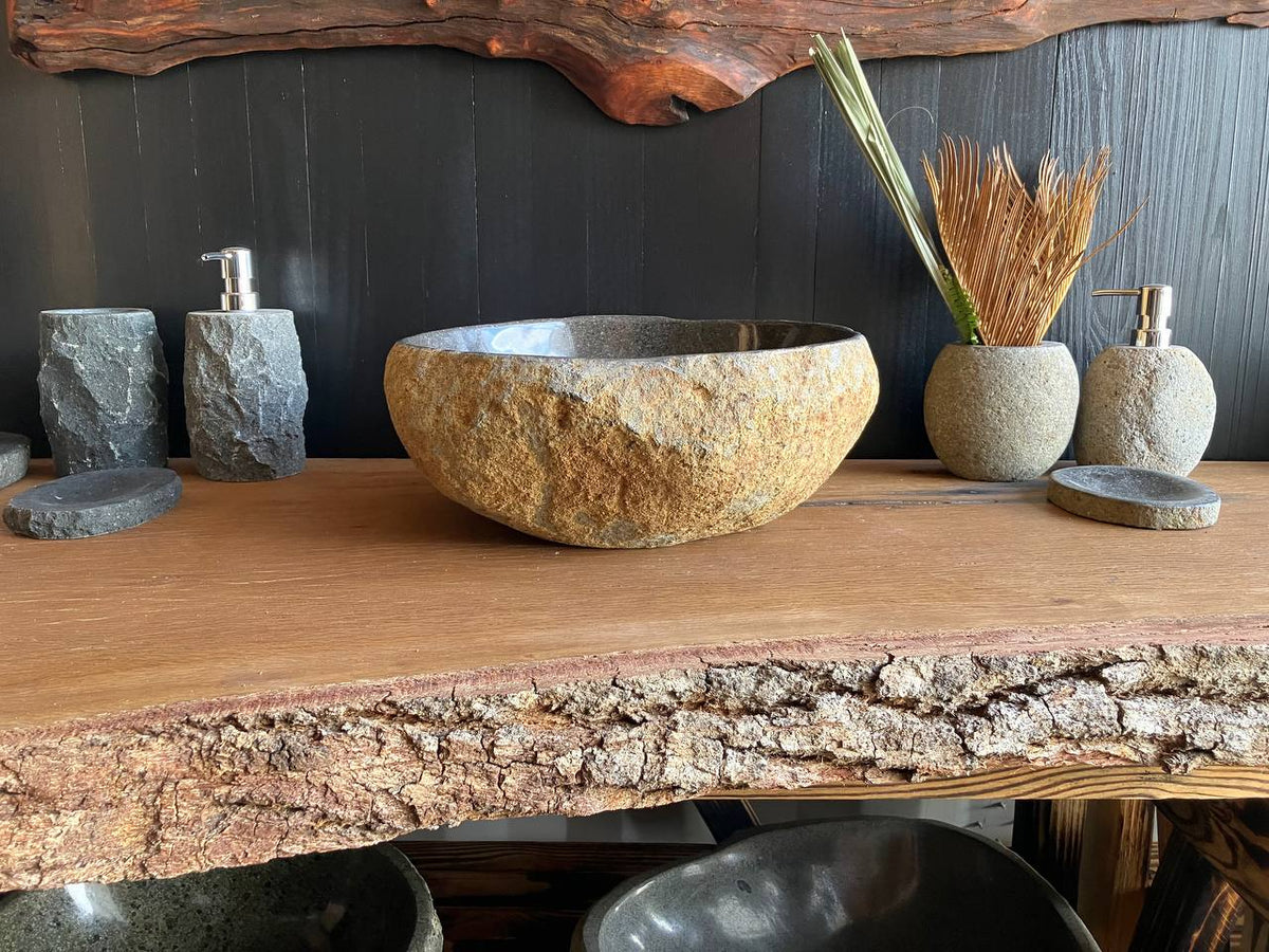 Small natural river stone vessel sink 15 x 14 inches – RSS-064