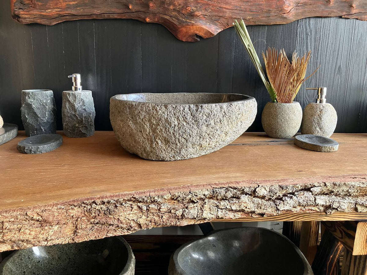 Small natural River Stone vessel sink 16.5 x 12.5 inches with polished dark gray interior – RSS-066