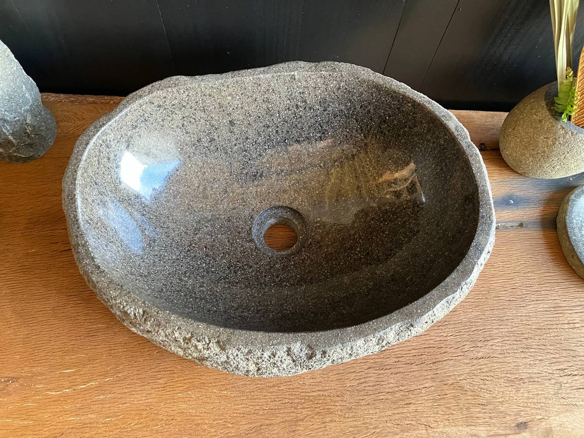 RSS-066 natural River Stone bathroom vessel sink with rough light gray exterior and polished stone basin