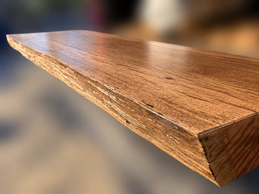 44.5-inch solid live oak vanity top with a natural edge, 13–15.5-inch depth and 2⅝-inch thickness