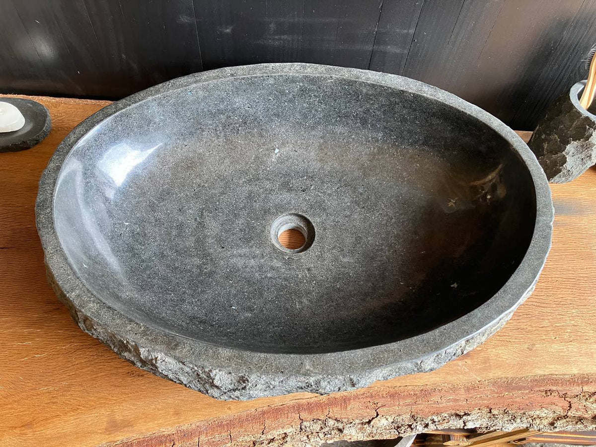 Rough chiseled exterior of natural andesite stone bathroom vessel sink ANS-002