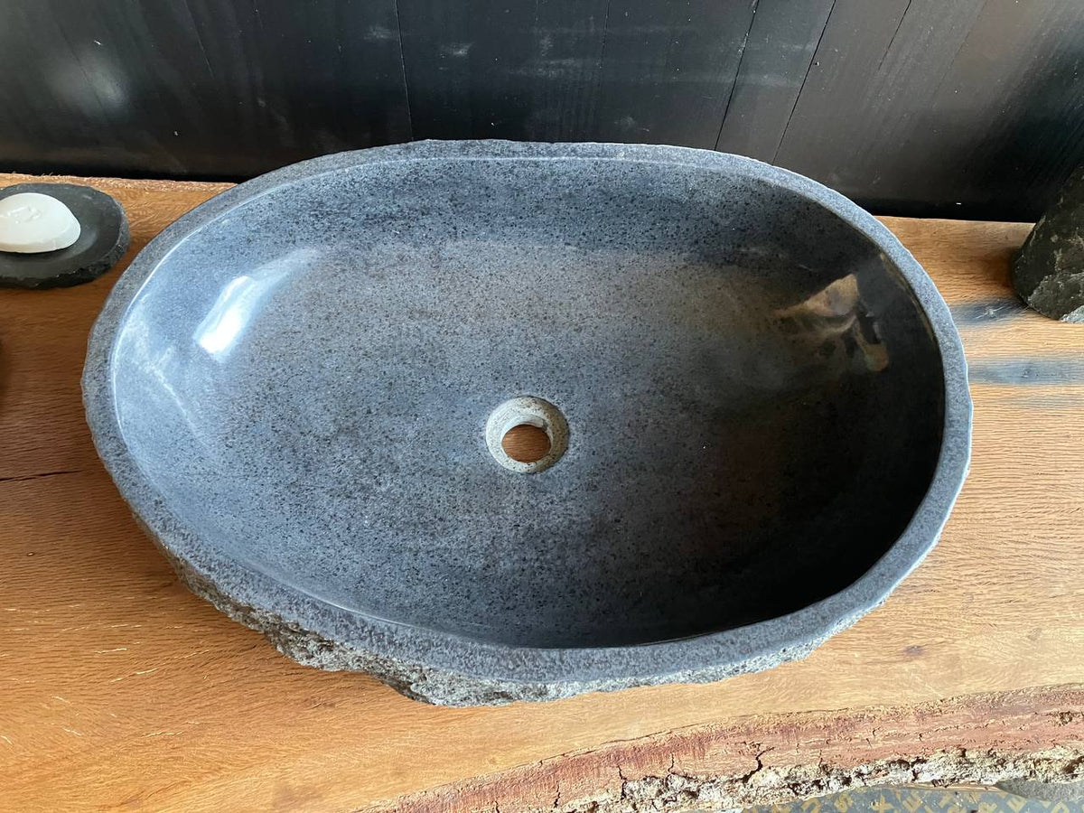 Rough chiseled stone exterior of andesite bathroom vessel sink ANS-003