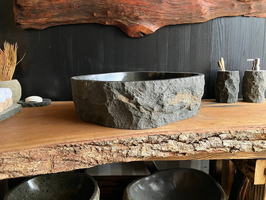 Gray diamond-shaped andesite stone vessel sink ANS-006 viewed from above