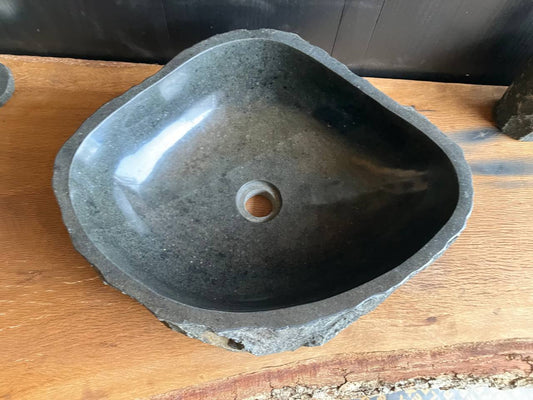 Gray andesite stone bathroom vessel sink ANS-006 showing its rough chiseled exterior and diamond-shaped form