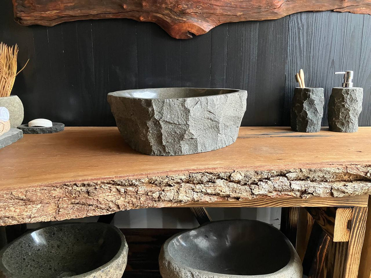 Compact gray andesite stone vessel sink ANS-008 measuring 16 by 15 inches for above-counter bathroom installation