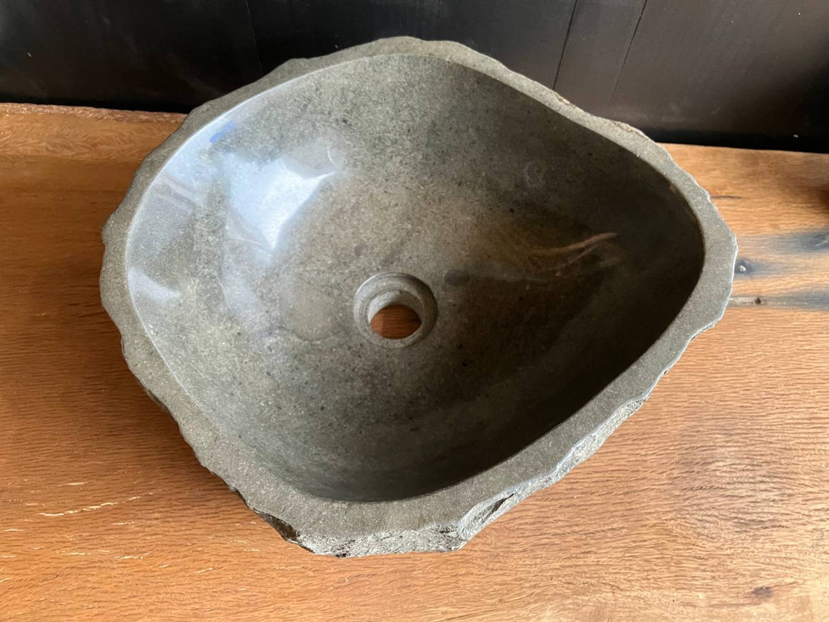 Gray andesite stone bathroom vessel sink ANS-008 showing its rough chiseled exterior