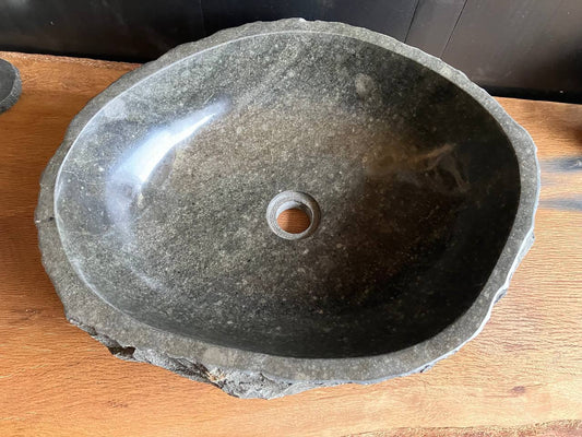 Natural andesite stone bathroom vessel sink ANS-009 with a rough chiseled exterior