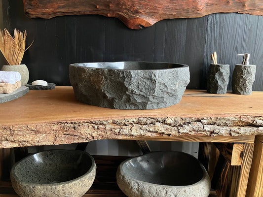 Gray andesite stone vessel sink ANS-010 with darker gray natural inclusions, measuring 20 by 16 inches