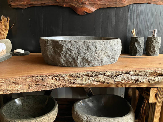 Light gray andesite stone vessel sink ANS-011 measuring 20.5 by 15.5 inches for above-counter bathroom installation
