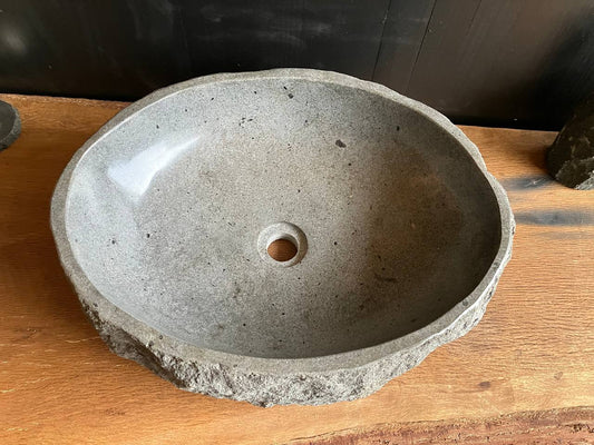Light gray natural andesite stone bathroom vessel sink ANS-011 showing its rough chiseled exterior