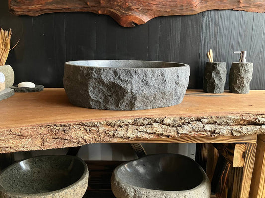 Gray andesite stone vessel sink ANS-012 showing subtle natural bands inside the basin