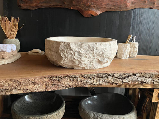 Beige marble vessel sink BMS-005 with a polished basin, measuring 18.5 by 18 inches