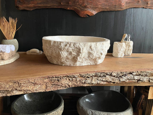 Beige marble vessel sink BMS-006 with a polished basin, measuring 19 by 16 inches