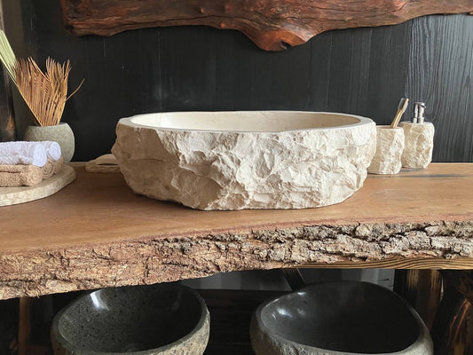 Beige marble vessel sink BMS-007 with a polished basin, measuring 23 by 17 inches