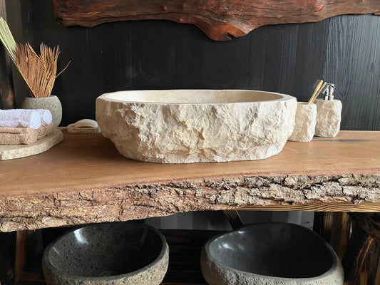Beige marble vessel sink BMS-009 with a polished basin, measuring 21.5 by 16 inches