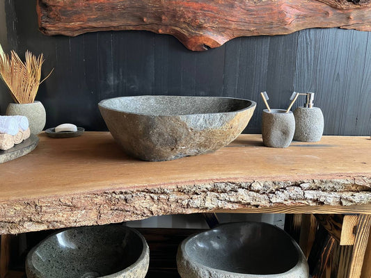Natural river stone vessel sink RSC-067 viewed from above, measuring 20 by 17.5 inches