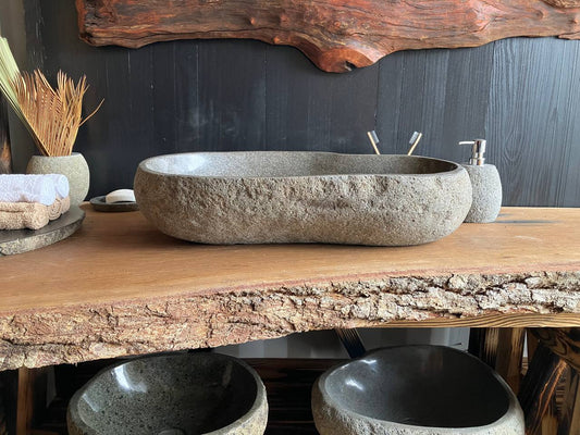 Natural river stone vessel sink RSC-068 viewed from above, measuring 24 by 14.5 inches