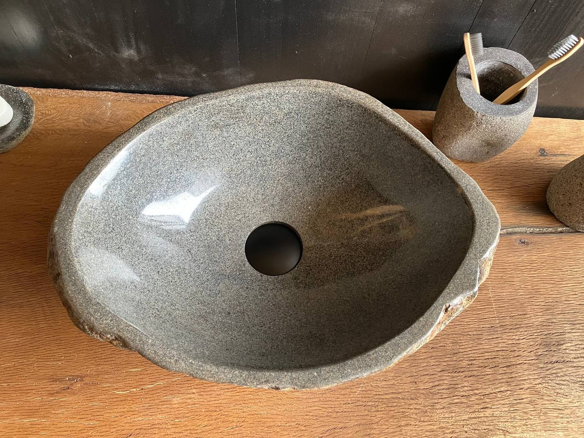 Small river stone bathroom vessel sink RSC-069 showing its natural exterior texture