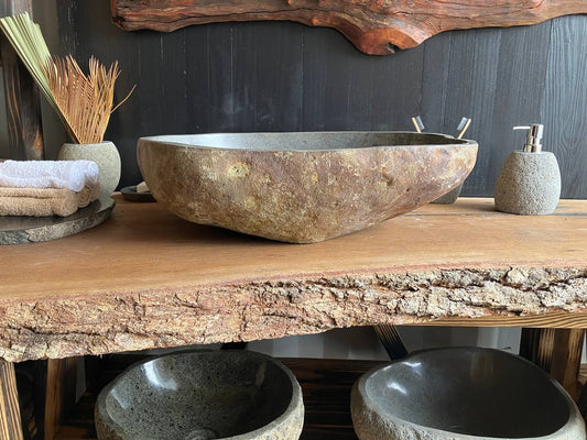 Natural river stone vessel sink RSC-070 viewed from above, measuring 22 by 16 inches