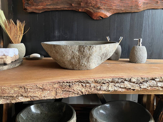 Natural river stone vessel sink RSC-071 viewed from above, measuring 19.5 by 14 inches