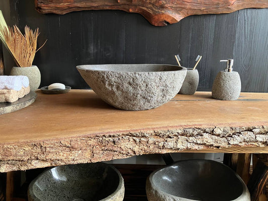 Compact natural river stone vessel sink RSC-072 viewed from above, measuring 17.5 by 12 inches
