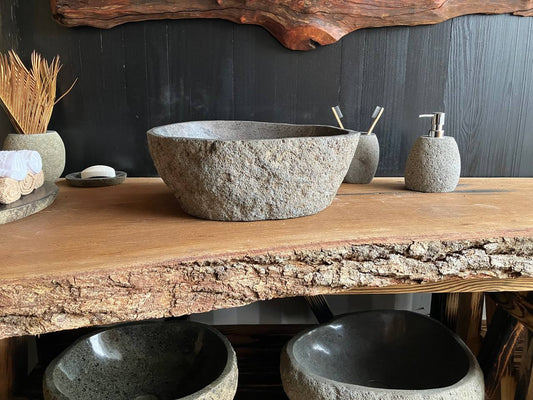 Compact natural river stone vessel sink RSC-073 viewed from above, measuring 16 by 12 inches