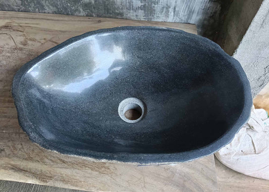 Top view of river stone sink 6506-4632 with dark gray polished basin
