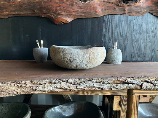 Natural river stone vessel sink RSC-075 with a textured stone exterior